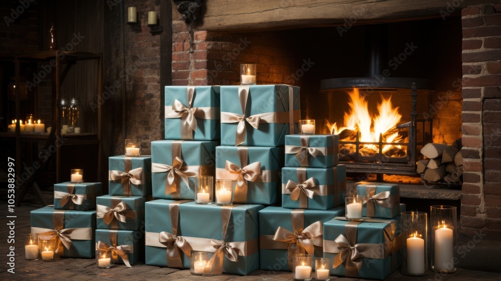 A cozy fireplace with glowing embers provides warmth and ambiance as a stack of beautifully wrapped gifts adorned with delicate bows and illuminated by flickering candles creates a festive scene.