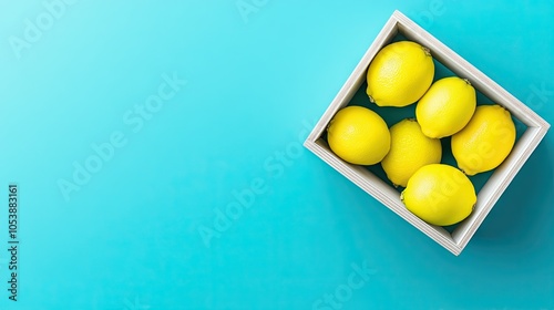 A rustic wooden box filled with vibrant tangerines resting on a colorful table surface, captured from a top view perspective