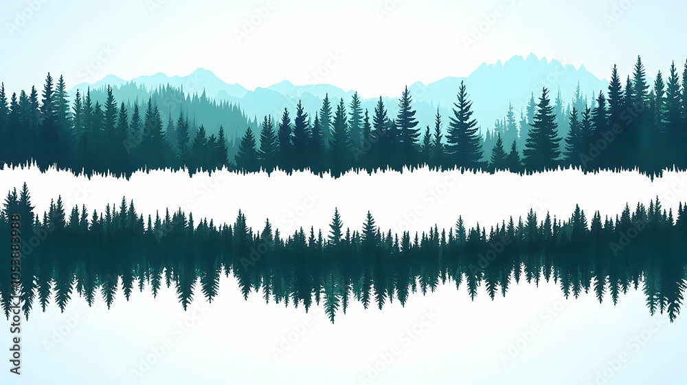 Obraz premium Abstract Forest Reflection, trees, pine trees, mountain, mountains, blue