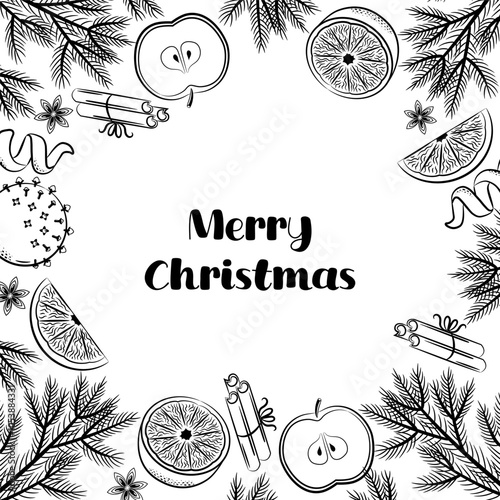 Merry Christmas greeting card template. Pine branches, mulled wine ingredients. Сitrus fruits and spices. Vector sketch style frame on white background.