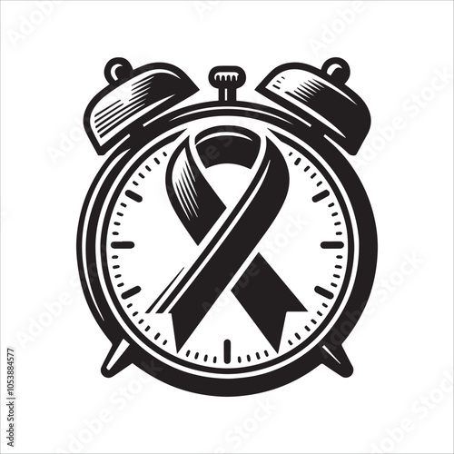 Time For Awareness. This striking black and white illustration features a classic alarm clock with a bold awareness ribbon replacing its hands. A powerful image representing the urgency of raising awa