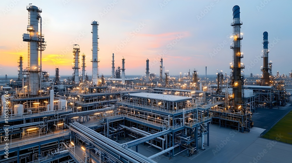 Dramatic sunset view of an expansive oil refinery complex with glowing lights across the industrial structures creating a visually striking contrast against the vibrant colorful sky Dramatic sunset view of an expansive oil refinery complex with glowing lights across the industrial structures creating a visually striking contrast against the vibrant colorful sky