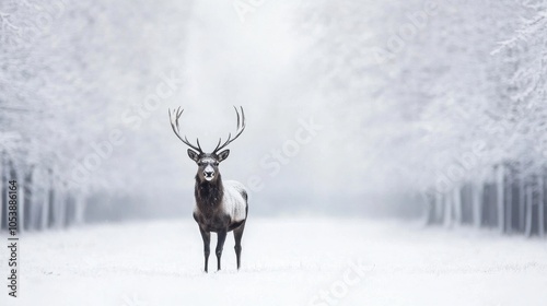 Majestic deer standing in snowy winter forest with frost-covered trees photo