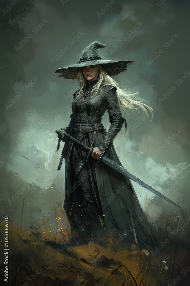 Fototapeta premium portrait of a witch in costume with a sword.