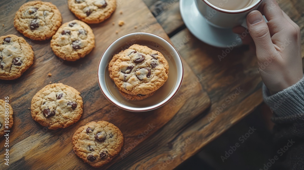 A cup of coffee and a plate of chocolate chip cookies. A cup of coffee and a plate of chocolate chip cookies.