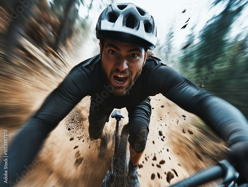 Close-up of a mountain biker riding down a steep trail