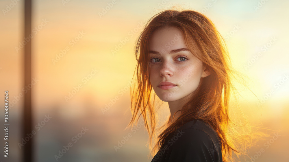 young woman with flowing red hair gazes thoughtfully into distance against stunning sunset backdrop, capturing moment of serene beauty and introspection young woman with flowing red hair gazes thoughtfully into distance against stunning sunset backdrop, capturing moment of serene beauty and introspection
