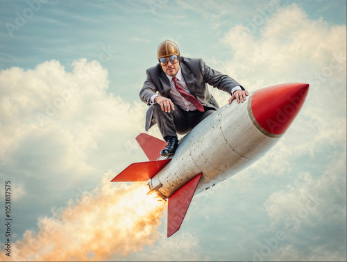 Businessman Riding Rocket To Success
