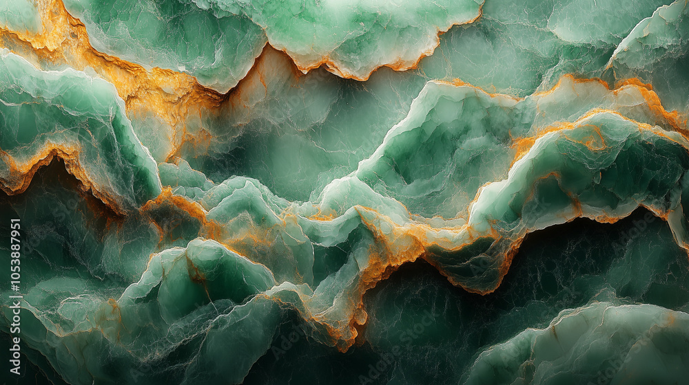 Green marble slab with layered orange veining Green marble slab with layered orange veining