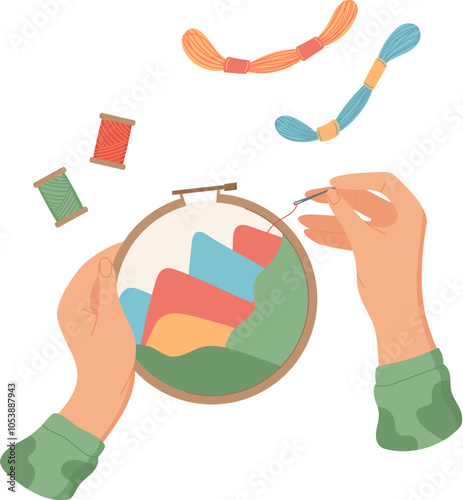Hands holding needle and thread for sewing and embroidery project. Colorful tools supplies on flat surface. Concept of DIY creative activity for hobby craftwork.