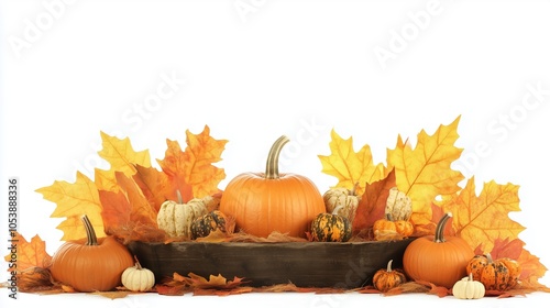 Autumn leaf frame adorned with vibrant pumpkins and colorful fall foliage, set against a clean white background. This seasonal decoration captures the essence of harvest time, inviting warmth and nost photo