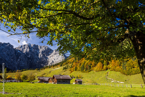 landscape in the miuntains with cottages in autumn in austria photo