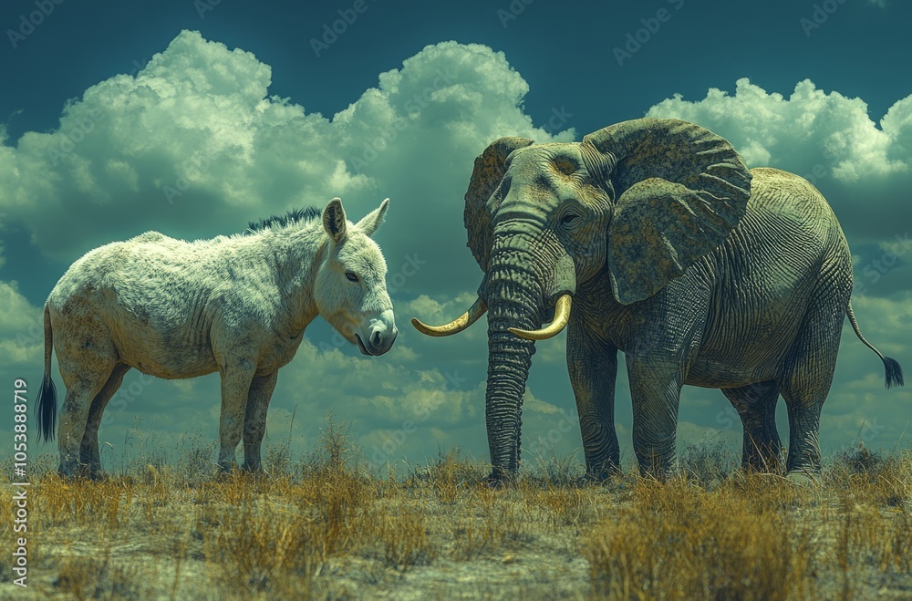Fototapeta premium Face to Face: Donkey and Elephant in Nature