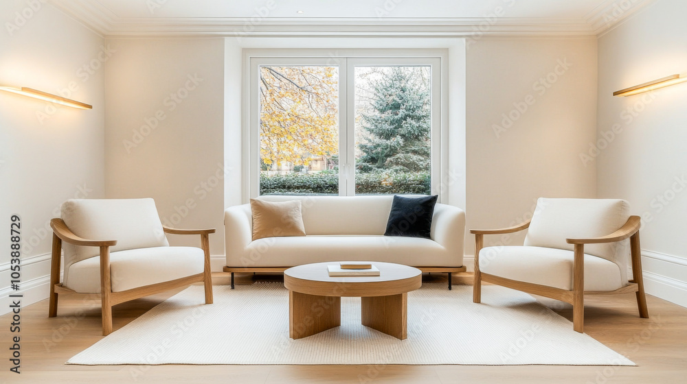 Fototapeta premium Cozy living room with modern furniture and natural light during autumn afternoon
