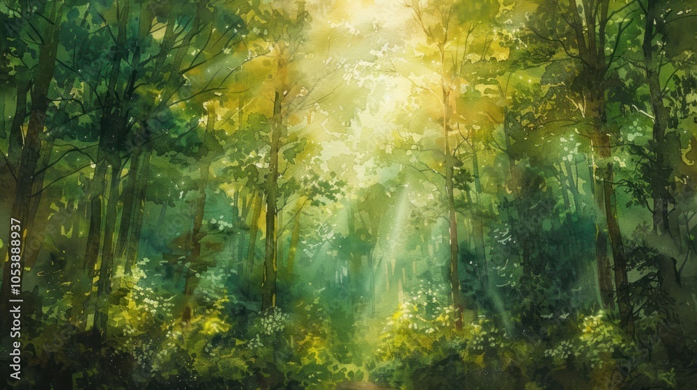 Obraz premium A serene forest scene with lush greenery, dappled sunlight filtering through the trees, creating a tranquil and magical ambiance.