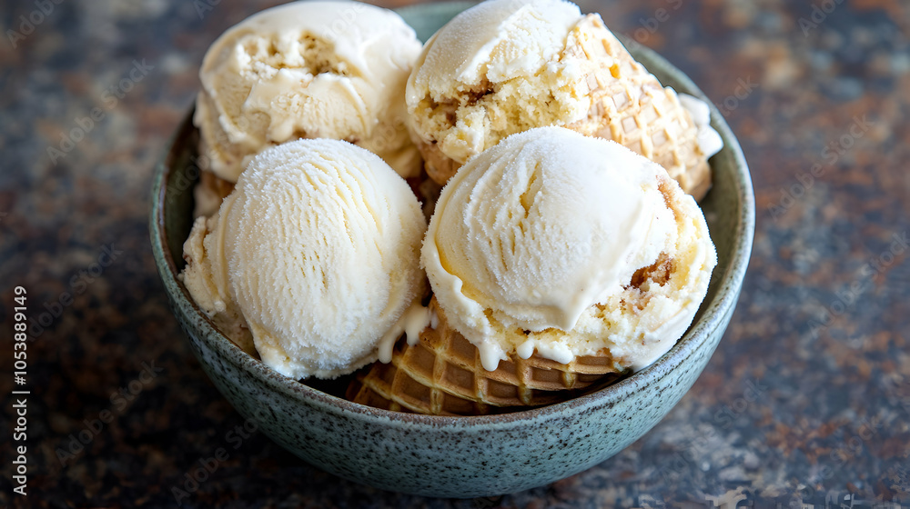 Fototapeta premium Vanilla Ice Cream Cones in a Bowl, waffle cones, dessert, sweet, treat, creamy