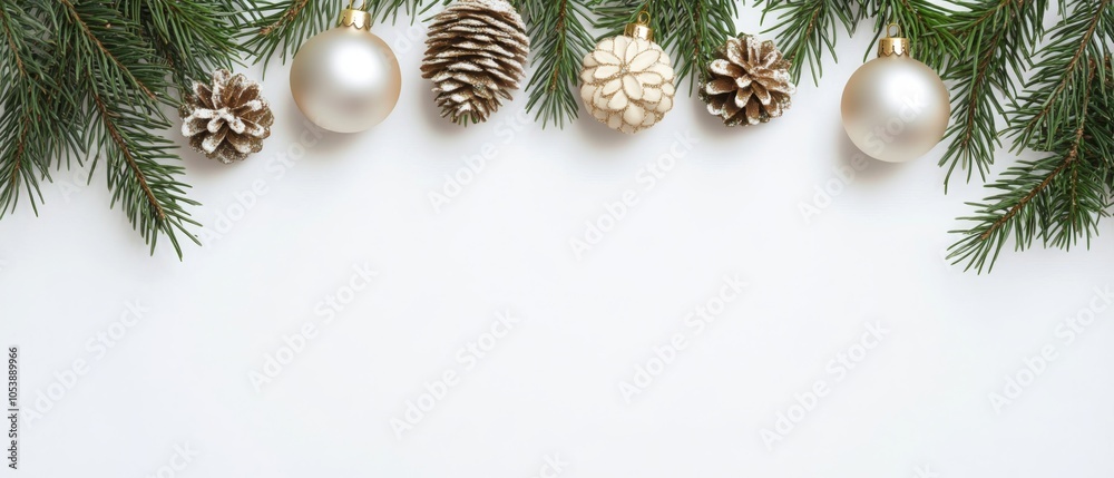 A white background with a row of pine cones and a row of Christmas ornaments A white background with a row of pine cones and a row of Christmas ornaments