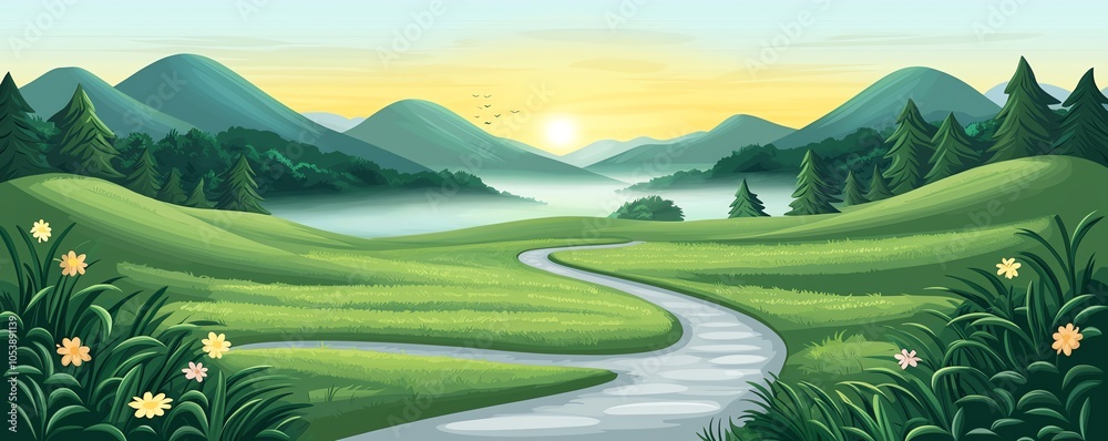 Obraz premium A serene landscape featuring rolling hills, a winding river, and blooming flowers, illuminated by a gentle sunrise.
