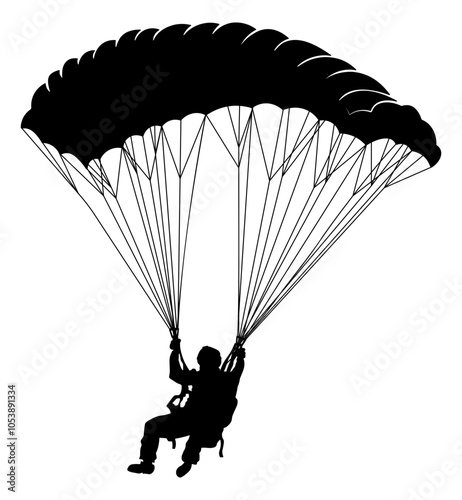 black silhouette of a skydiver with a parachute without background