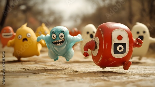 A group of costumed characters such as ghosts monsters and superheroes engaged in a playful imaginative chase or game in a whimsical cartoon inspired style  The scene is full of energy excitement photo