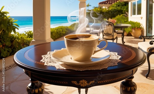 Cup of Cappuccino Coffee with Froth on a Sunny and Sandy Beach Hotel Chairs in the Background