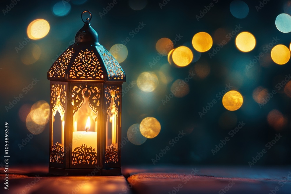Fototapeta premium Ornate lantern with glowing candle and bokeh background. Cozy lighting concept.