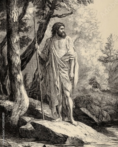 John The Baptist Preaching in the Wilderness. Aged Biblical Christian Drawing