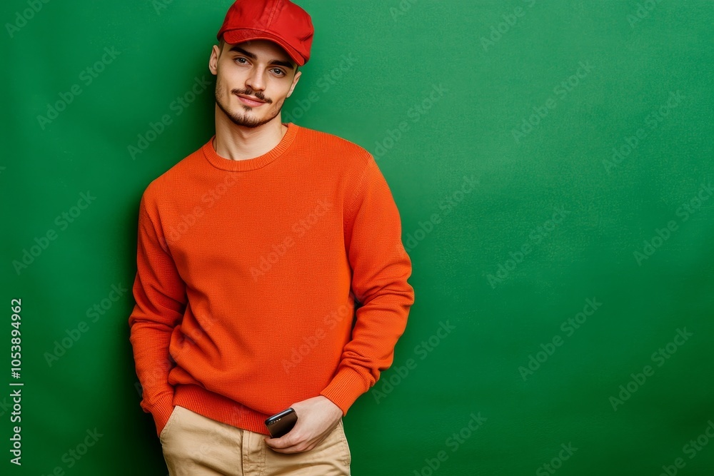 Young smiling caucasian man 20s with hat and mobile phone holding in hand isolated on plain green background studio portrait. People lifestyle concept. Young smiling caucasian man 20s with hat and mobile phone holding in hand isolated on plain green background studio portrait. People lifestyle concept.