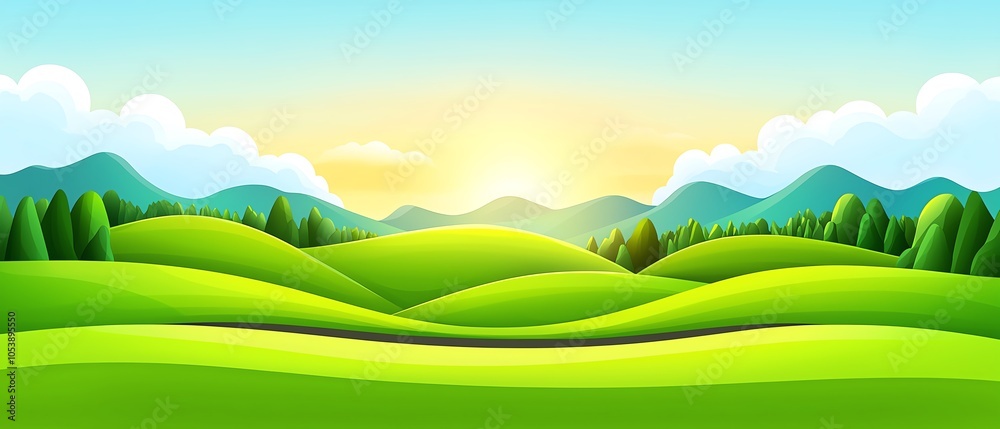 Obraz premium A vibrant landscape showcasing rolling green hills, bathed in sunlight, under a clear blue sky with fluffy clouds.