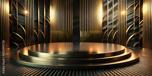 Golden Black Award round podium Mockup Background. Golden Waves Luxury Graphics. Stage Motion Visuals. Night Entertainment. Elegant Luxury Shine Modern Template. 3D render.