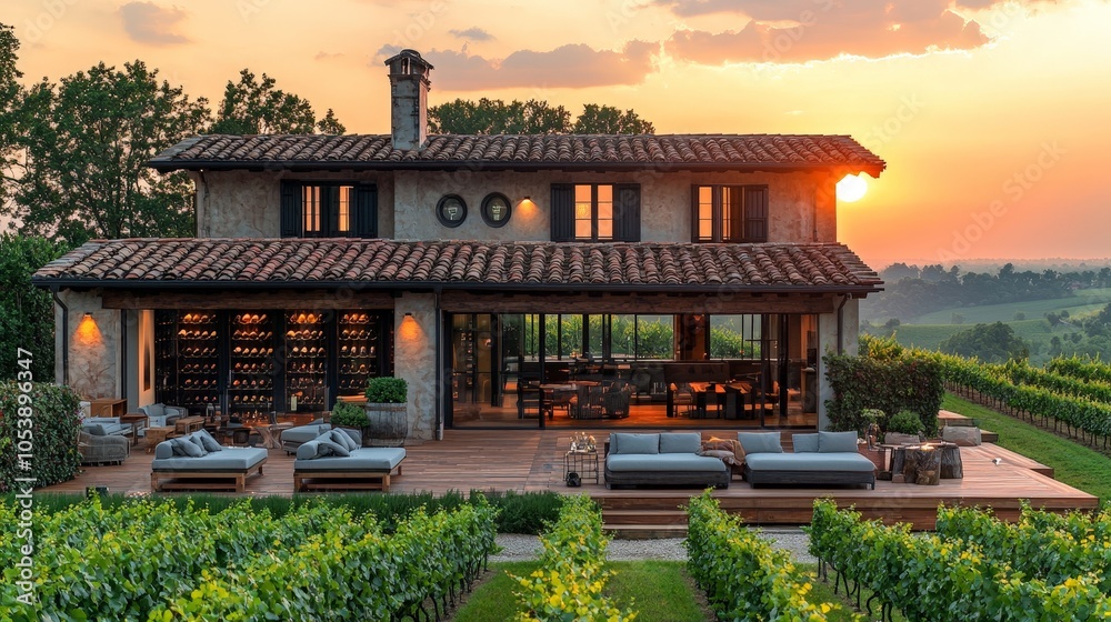 A picturesque villa surrounded by vineyards at sunset, showcasing outdoor leisure space. A picturesque villa surrounded by vineyards at sunset, showcasing outdoor leisure space.