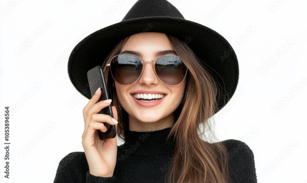 An isolated white background shows a smiling young woman using her smartphone to make a call An isolated white background shows a smiling young woman using her smartphone to make a call