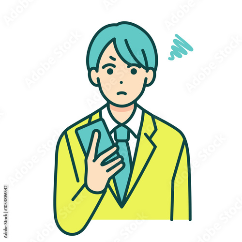 不愉快な気分。怒る男の子。スマホを手にするブレザー姿の学生。