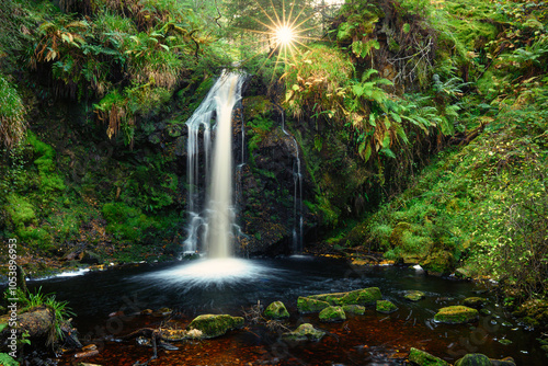 Sunstar above Hindhope Linn, a waterfall located at the northern end of the Kielder Forest Drive in Northumberland photo