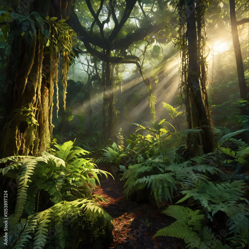 Ultra-Realistic Jungle Scene at Dawn with Dense Canopy and Morning Light