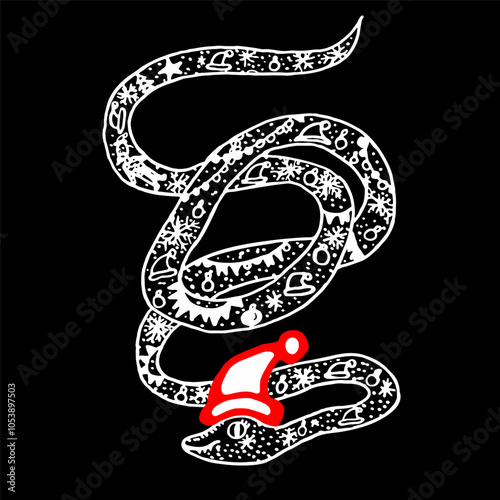 Contour magic snake with new years attributes in cartoon naive style isolated on black background. Vector animal design element for children baby room decor, textiles print, fabric, sticker, clip art