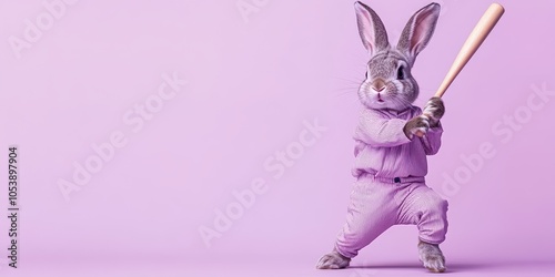 Rabbit in Baseball Uniform Swinging Bat