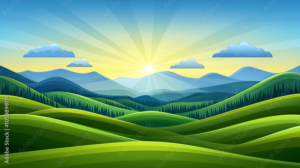 Obraz premium A vibrant landscape depicting rolling green hills, mountains, and a bright sunrise with rays shining through fluffy clouds.