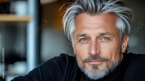 distinguished elderly man with silver hair and beard, intense eyes, wearing black turtleneck, with soft light emphasizing wrinkles and deep shadows for cinematic mood