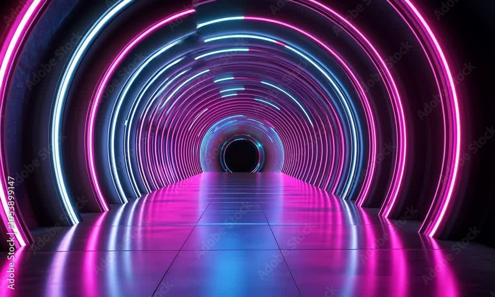 A vibrant tunnel illuminated by pink and blue neon lights, creating a futuristic atmosphere.