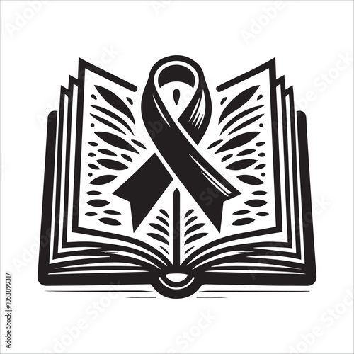 Ribbon of Remembrance: A Symbol of Hope on the Pages of Knowledge. This powerful black and white illustration depicts an open book adorned with a prominent awareness ribbon.