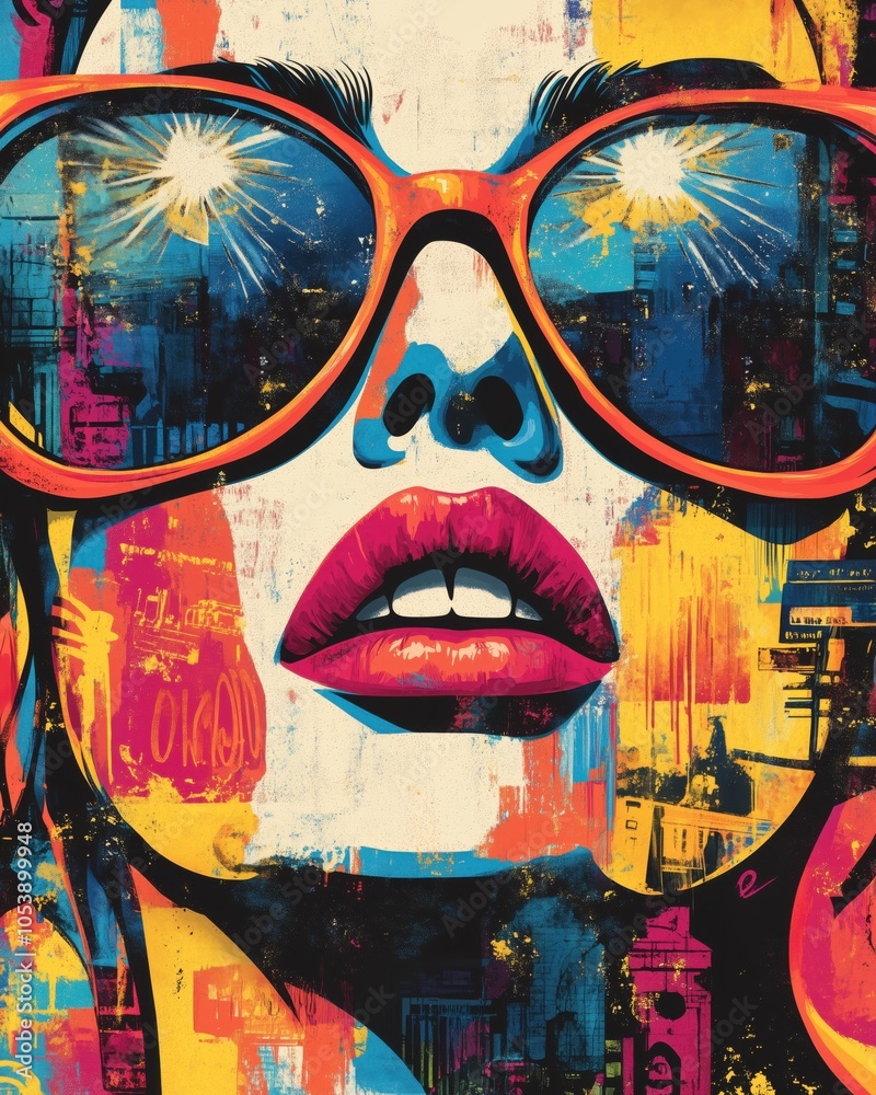 Obraz premium Funky graffiti woman art seamless pattern with colorful abstract geometric shapes, funny doodles and splatters