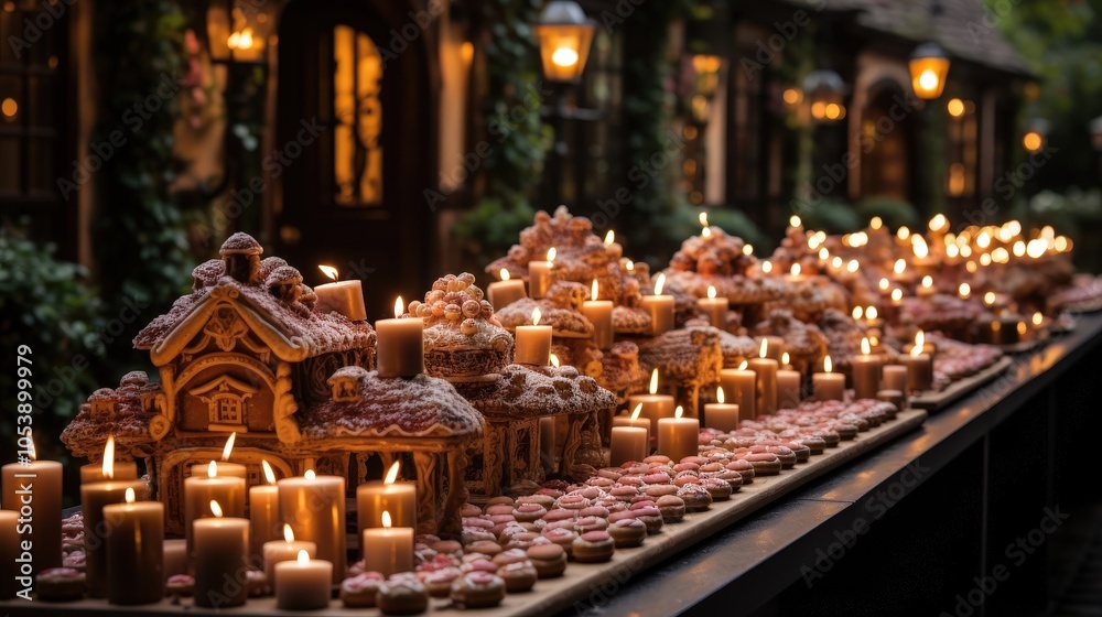 A whimsical display of gingerbread houses illuminated by candlelight, creating a warm and inviting scene for a festive celebration. A whimsical display of gingerbread houses illuminated by candlelight, creating a warm and inviting scene for a festive celebration.