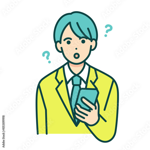 疑問を持つ男の子。携帯を手にする制服姿の中学生。ベクターイラスト素材。