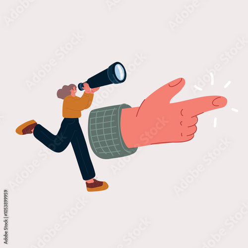 Vector illustration of a woman with a spyglass running towards a direction pointed by a guiding hand, symbolizing ambition, guidance, and pursuit of vision