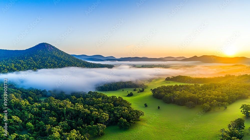 Fototapeta premium A breathtaking morning landscape featuring rolling green hills, misty valleys, and a vibrant sunrise illuminating the scene.