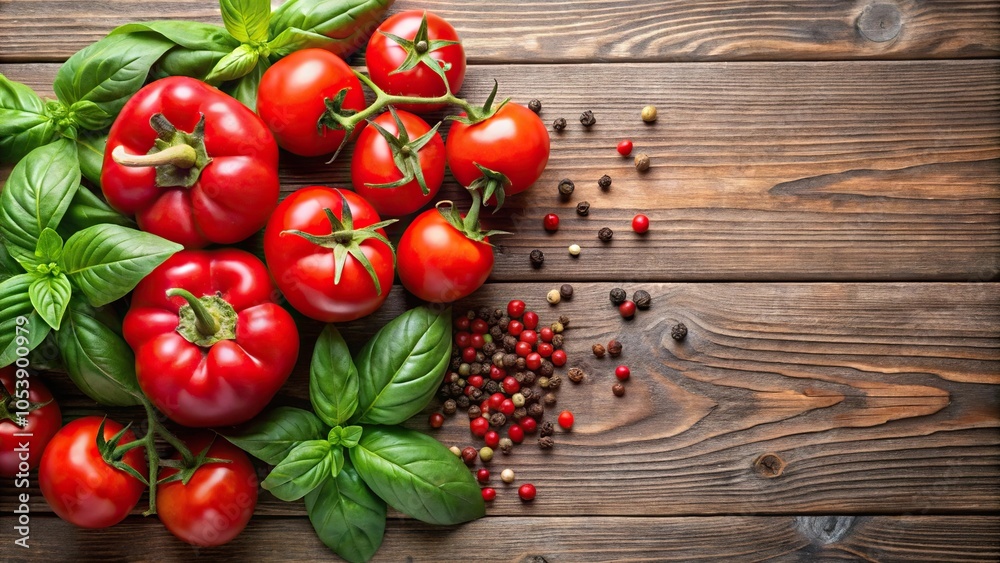 Ripe red tomatoes, wooden table, basil, pepper, reflection Ripe red tomatoes, wooden table, basil, pepper, reflection