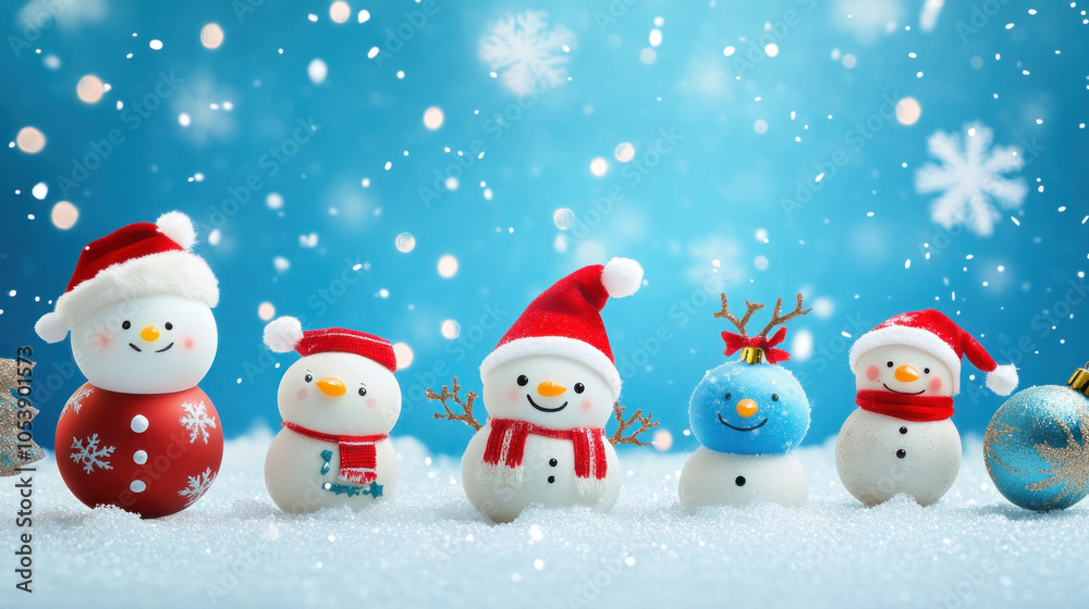 Snowmen with red hats and scarves in snowy wonderland. Snowmen with red hats and scarves in snowy wonderland.
