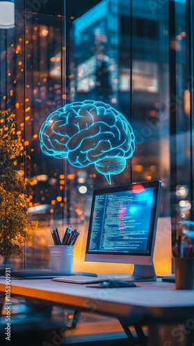 Futuristic workspace with glowing brain hologram above computer screen, symbolizing artificial intelligence and cognitive computing in urban setting.