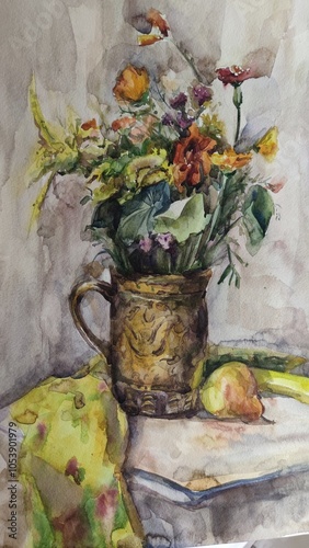 Tablou pe pânză still life vase with flowers watercolor painting in muted tones painting on wet